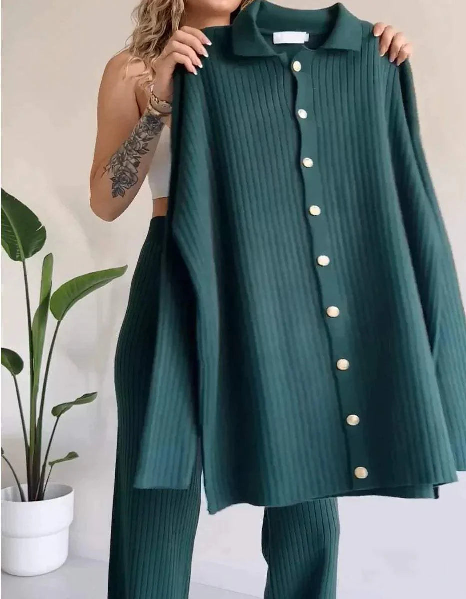 Ensemble deux pièces tricot côtelé - cardigan boutonné et pantalon large - MAX FOR ME