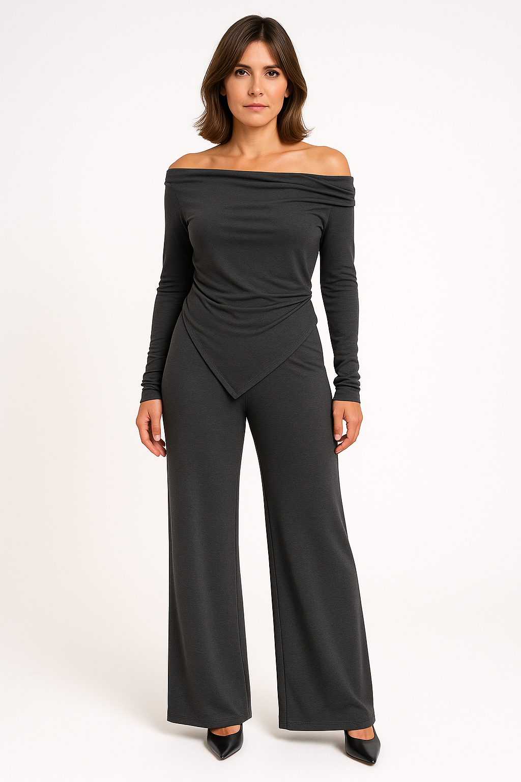 Ensemble femme épaules dénudées - haut asymétrique et pantalon large style sophistiqué moderne
