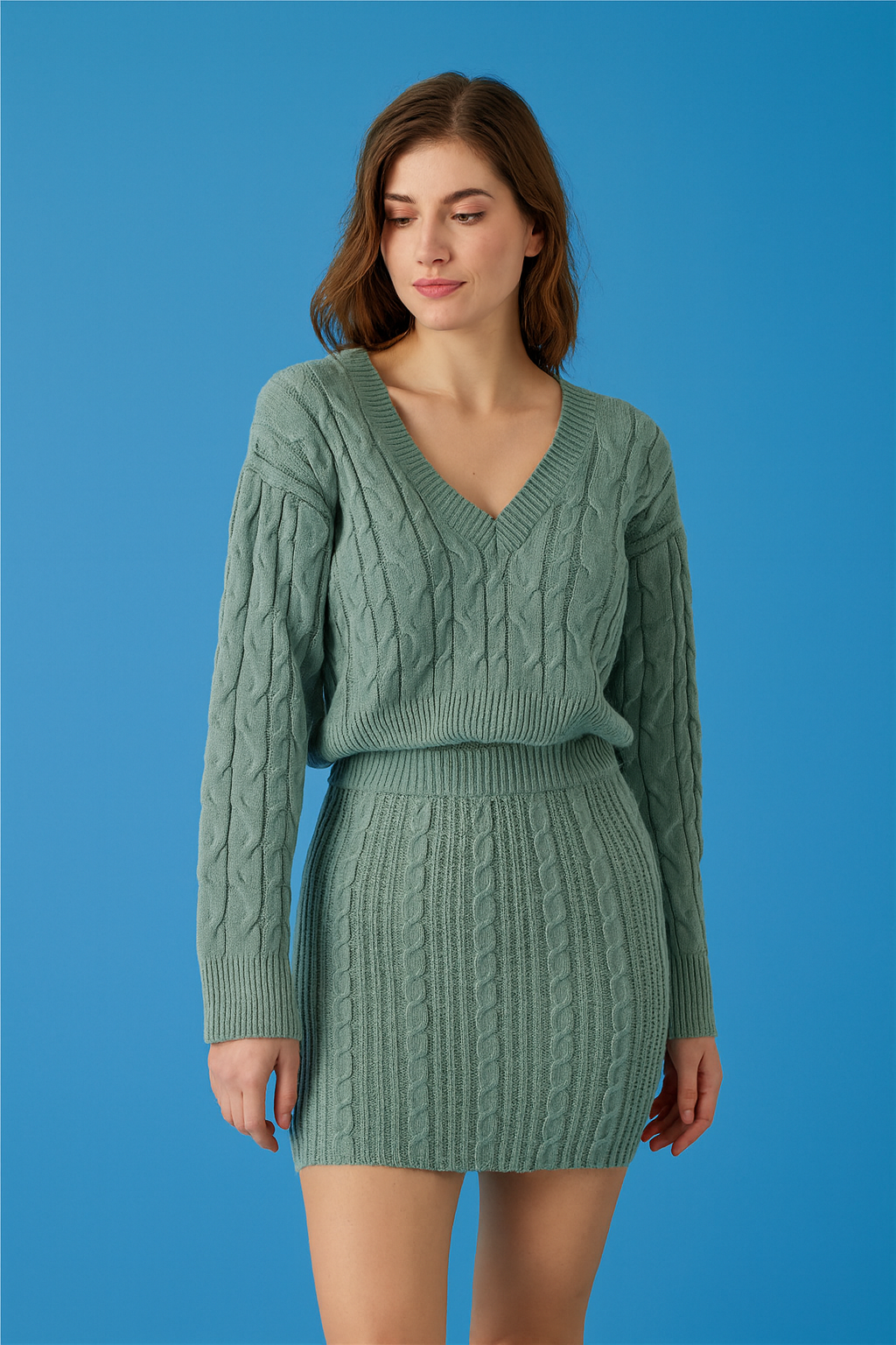 Ensemble pull jupe courte col V stylé automne hiver moderne MAX FOR ME