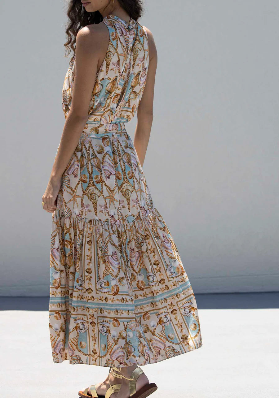 Robe longue satinée imprimé océan - élégance fluide pour toutes occasions