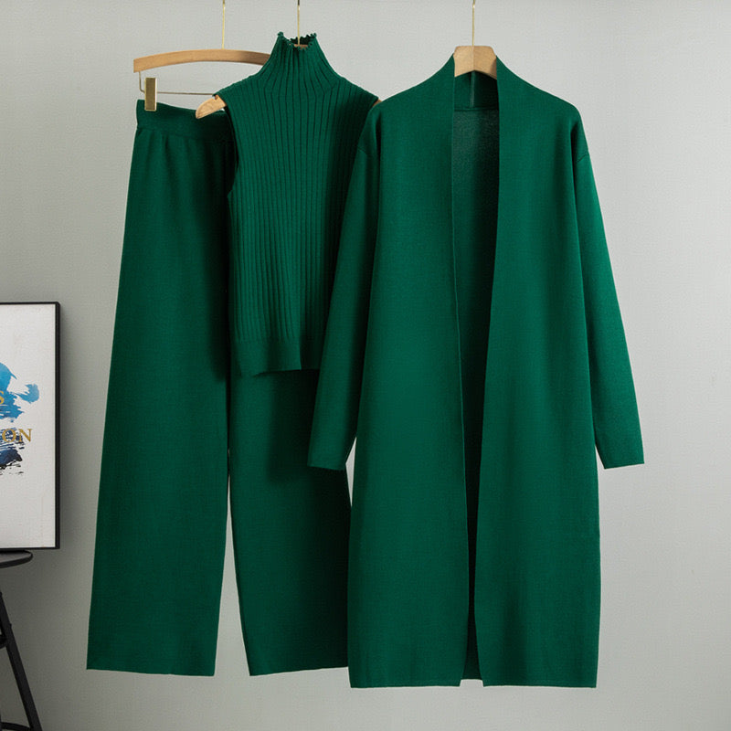 Dames ensemble groen 3-delig - coltrui lange cardigan en wijde broek totaal verfijnde look