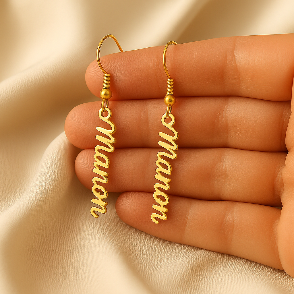 Boucles d’oreilles personnalisées à crochet – Prénom vertical en acier inoxydable