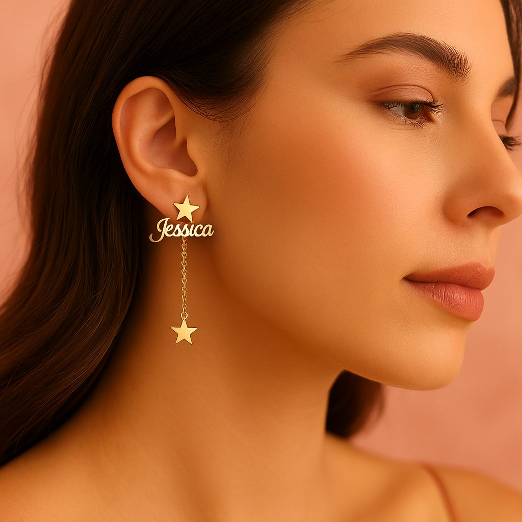 Boucles d’Oreilles Prénom Personnalisé avec Étoiles – Acier Inoxydable or
