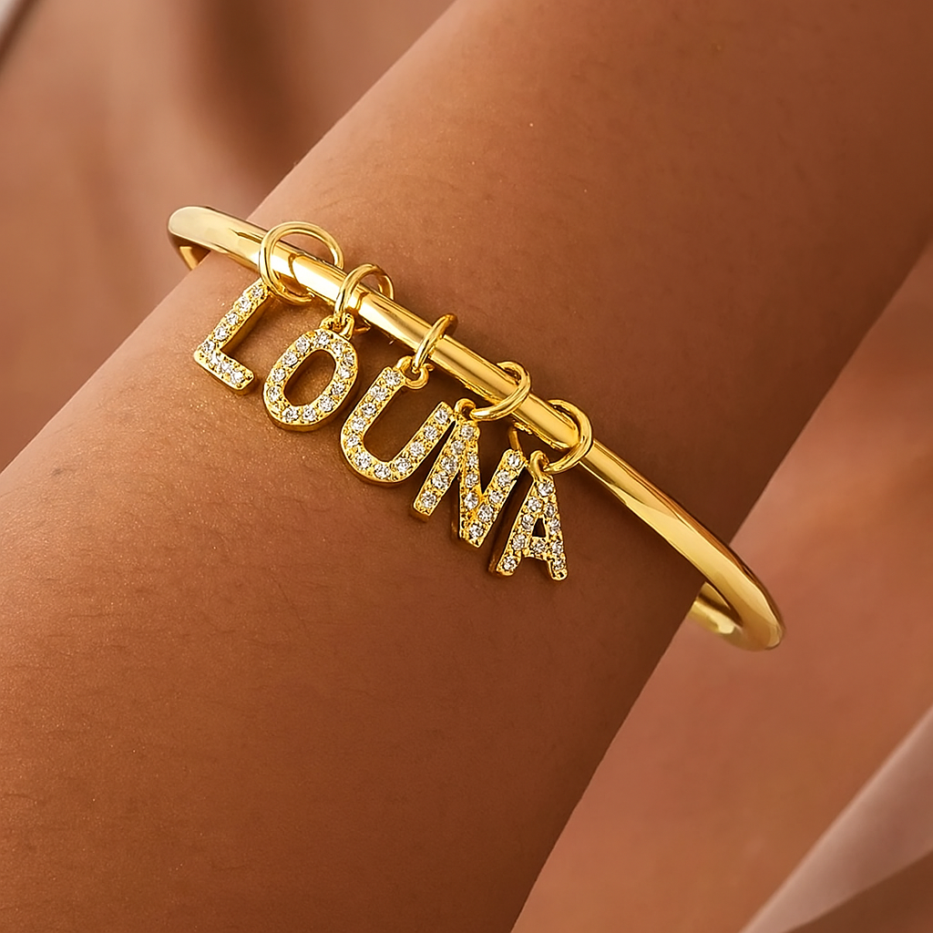 Bracelet prénom doré et argenté à pampilles – Bijou raffiné en lettres pavées