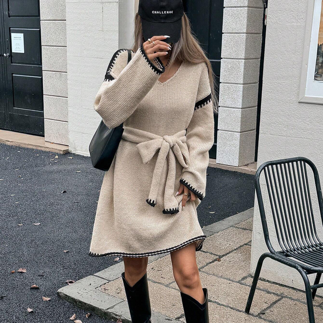 Robe pull en tricot à manches longues coupe ample avec ceinture style automne hiver - MAX FOR ME