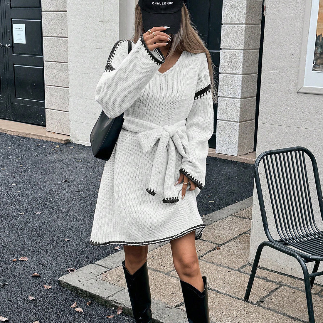Robe pull en tricot à manches longues coupe ample avec ceinture style automne hiver - MAX FOR ME