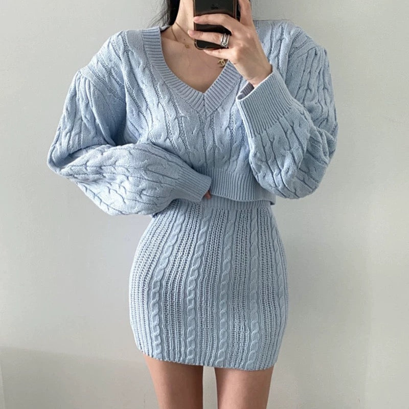 Ensemble pull jupe courte col V stylé automne hiver moderne MAX FOR ME