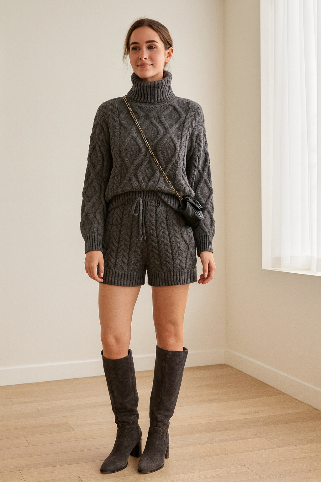 Ensemble 2 pièces pull torsadé col roulé et short court en maille - MAX FOR ME