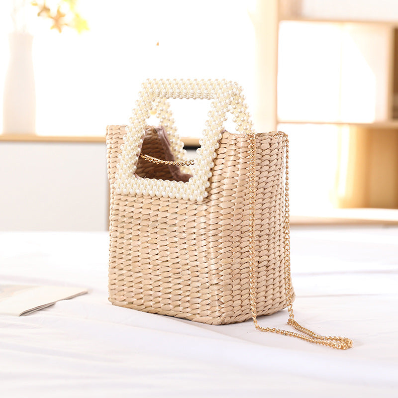 Sac tressé à la main style haute couture en raphia avec poigné en perle bandoulière élégante _ Max for Me