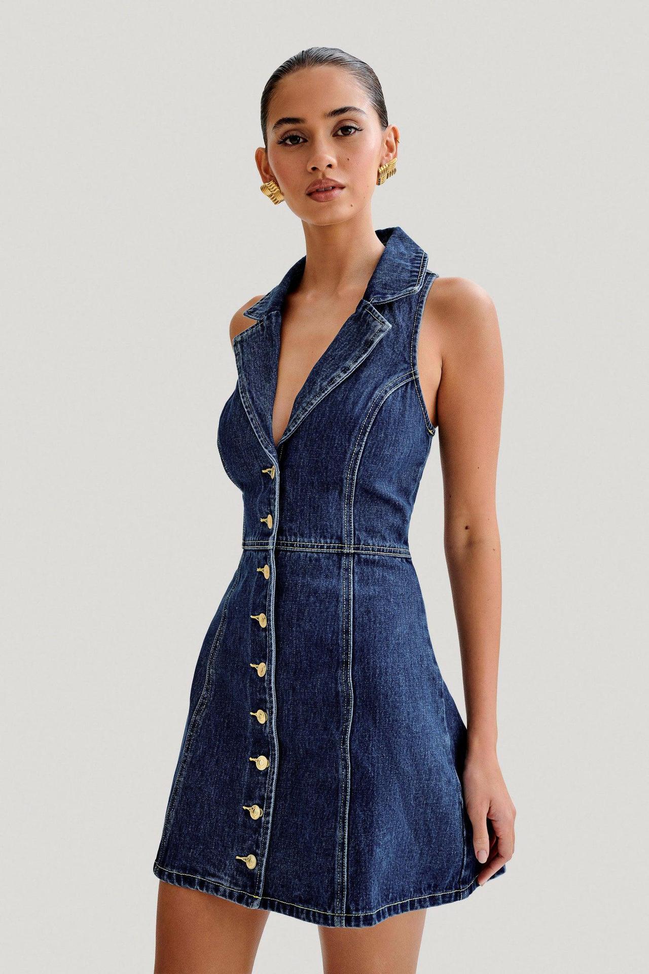 Robe en Jean Sans Manches pour Femmes – Boutonnage Central 