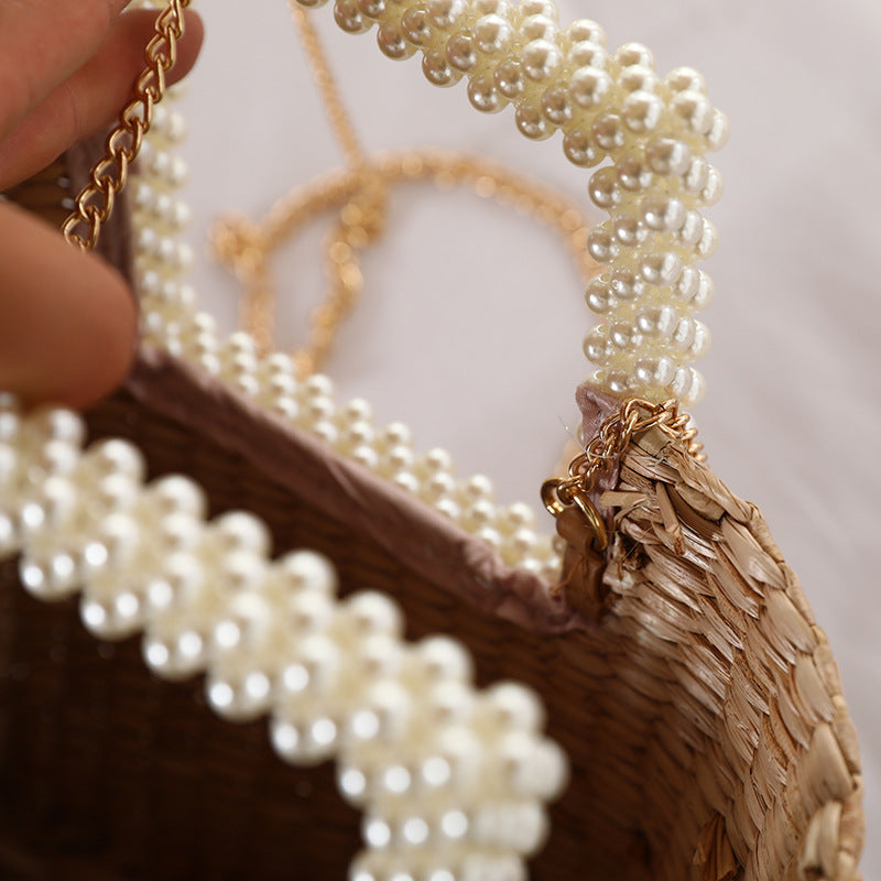 Sac tressé à la main style haute couture en raphia avec poigné en perle bandoulière élégante _ Max for Me