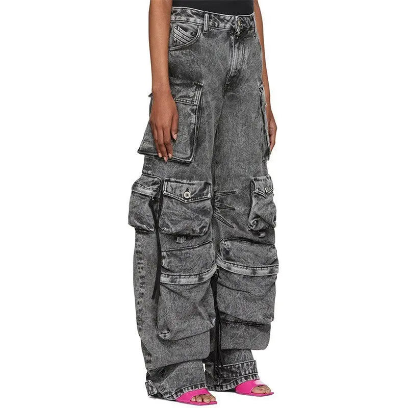 Pantalon cargo large en denim noir avec poches uilitaire 