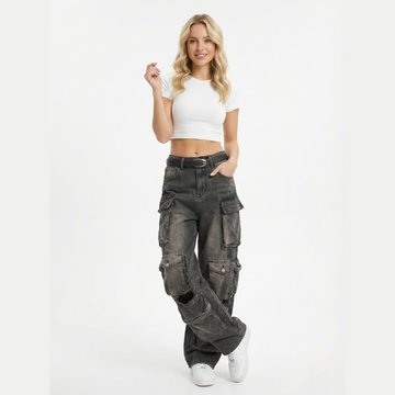 Pantalon cargo large en denim noir avec poches uilitaire