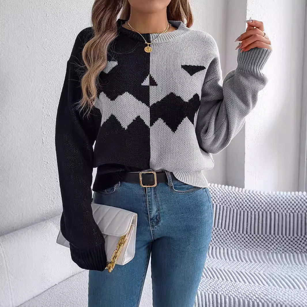 Pull femme noir et gris en maille fantaisie motifs modernes Max for Me automne-hiver