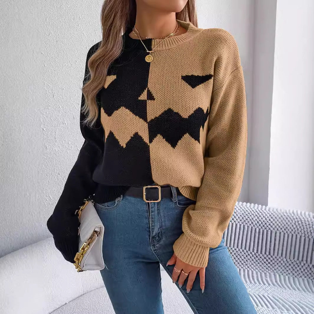 Pull femme beige et marron maille fantaisie motifs créatifs Max for Me manches longues
