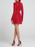 Robe Courte en Dentelle Fleurie Intense – Manches Longues, Rouge ou Noir MAX for ME