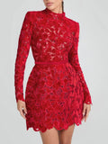 Robe Courte en Dentelle Fleurie Intense – Manches Longues, Rouge ou Noir MAX for ME