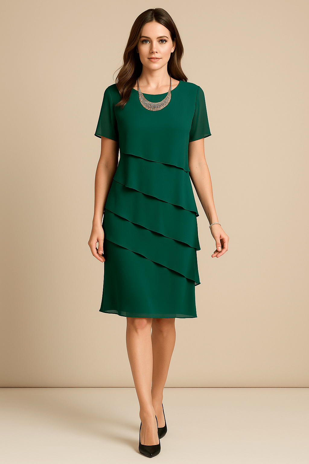 Robe Femme Élégante en Polyester – Coupe Droite à Volants Superposés 