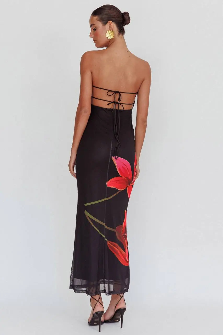 Robe Femme Longue Noire à Fleurs Rouges MAX FOR ME