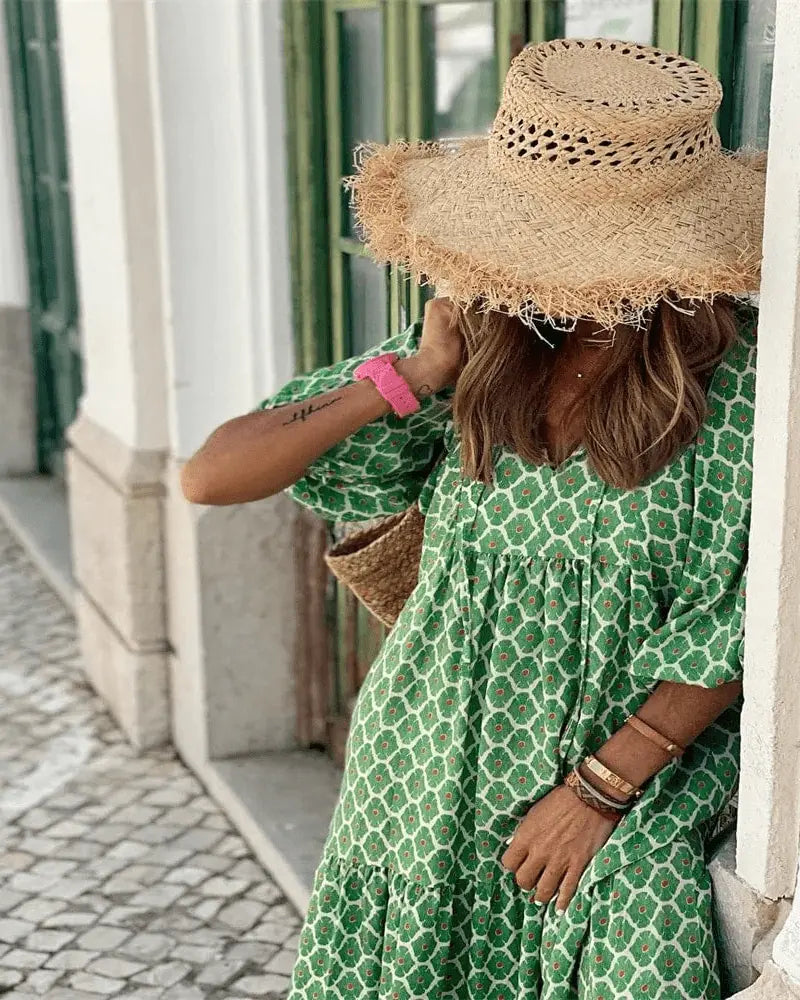 Robe Longue Femme Bohème Verte Imprimée – Coupe Fluide et Décontractée MAX FOR ME