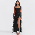 Robe Longue Femme Fendue Volants Noir / XS MAX FOR ME