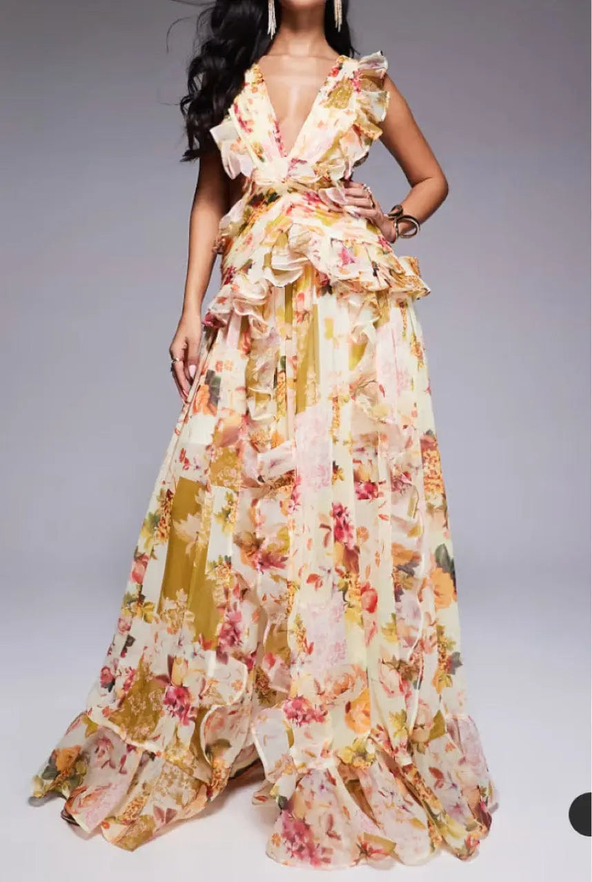 Robe Longue Femme Imprimée Sans Manches Décolleté en V Léopard Sable MAX FOR ME