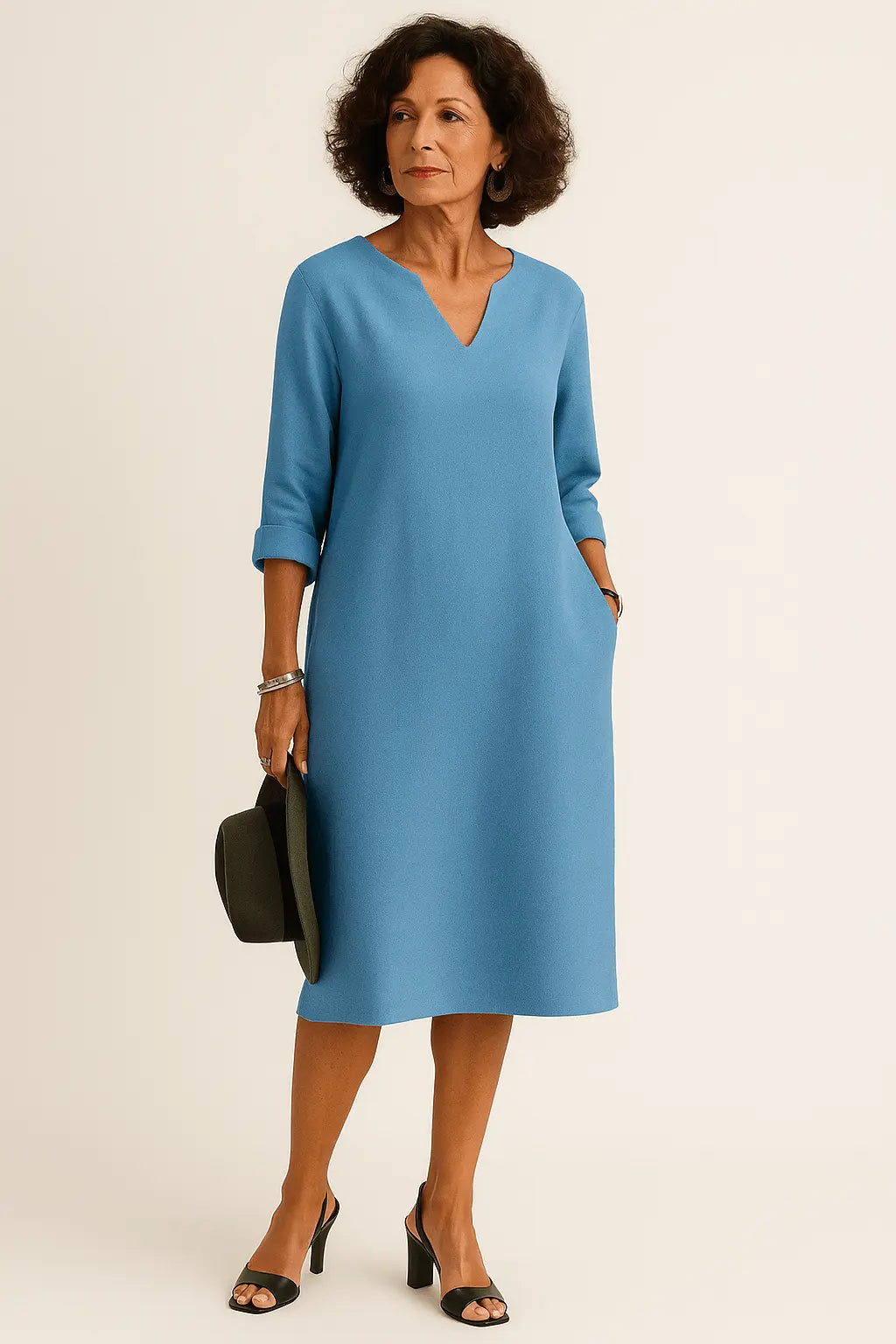 Robe Longue Femme V-Cou - Mélange Soie Mousseline Élégante Bleu clair / S MAX FOR ME
