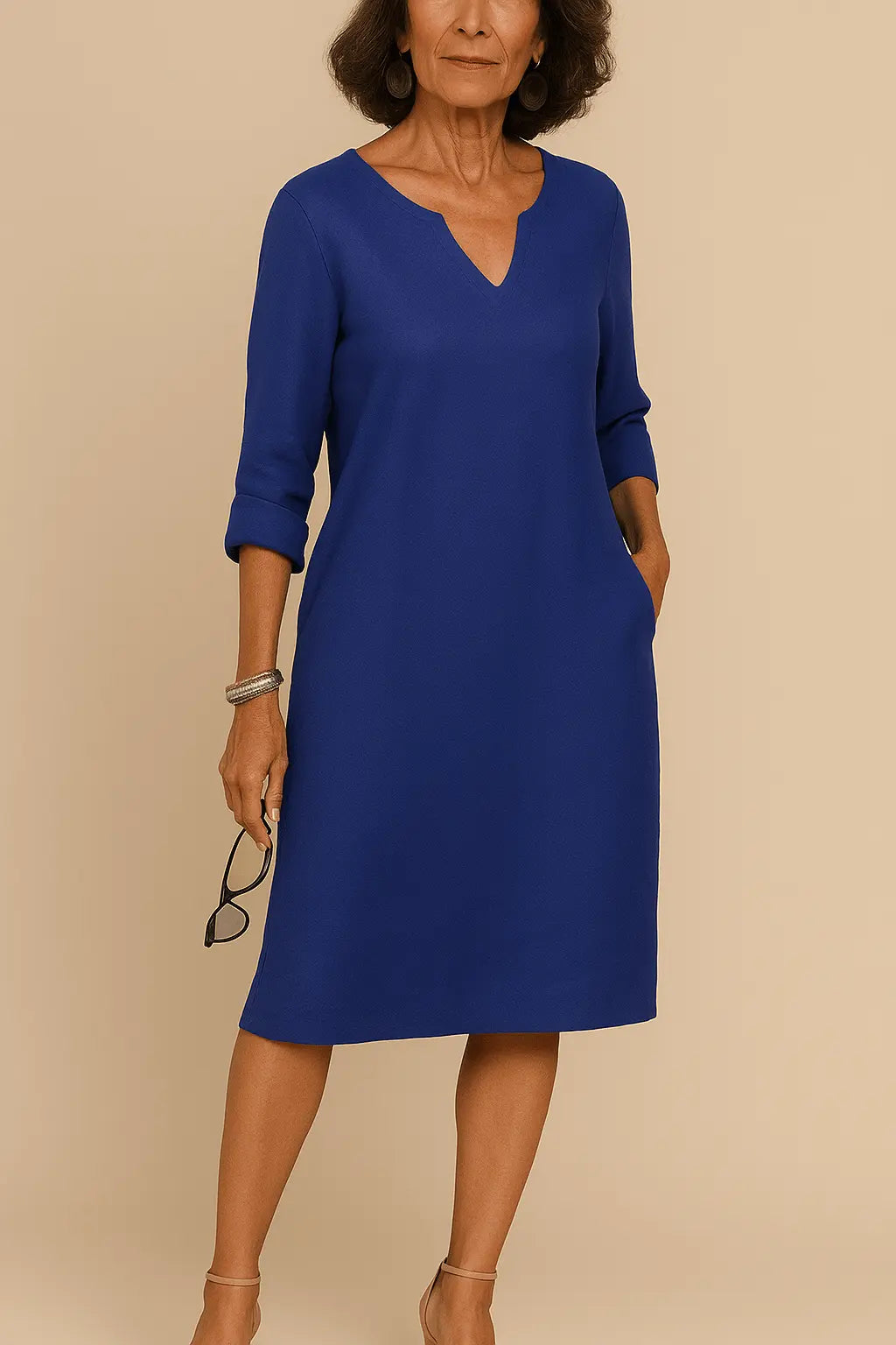 Robe Longue Femme V-Cou - Mélange Soie Mousseline Élégante Bleu / S MAX FOR ME