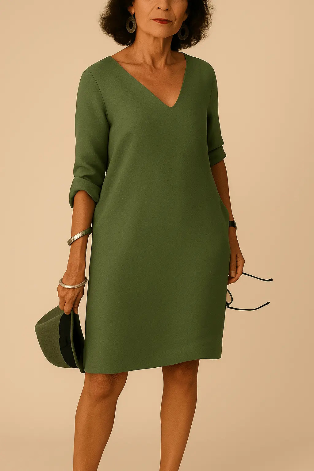 Robe Longue Femme V-Cou - Mélange Soie Mousseline Élégante Vert Doré / S MAX FOR ME