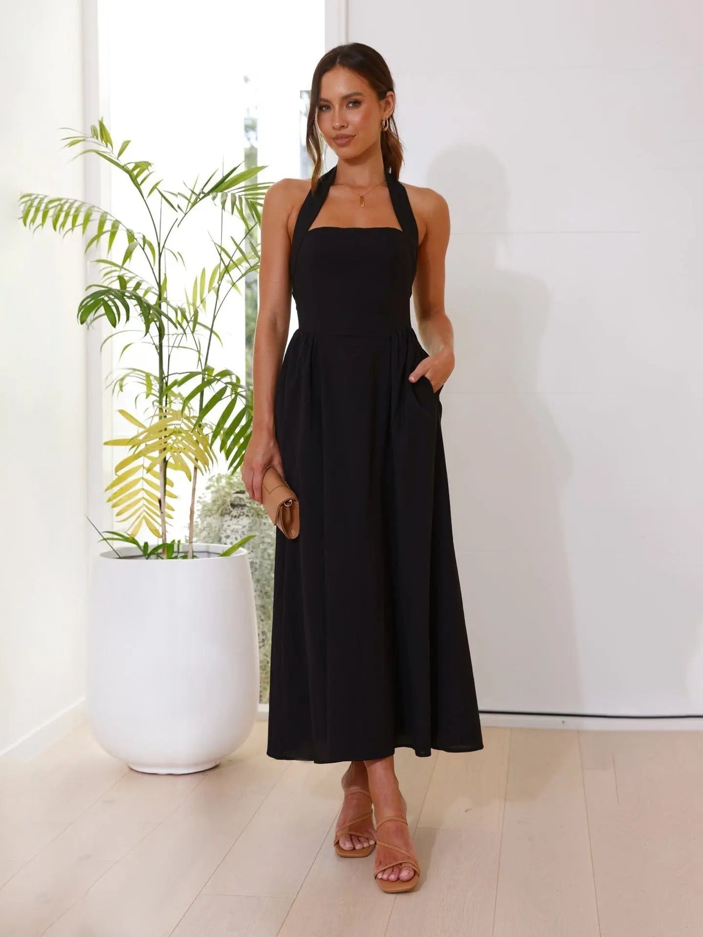 Robe Longue Halterneck– Coton Léger et Décolleté Noir Carmin / S MAX FOR ME