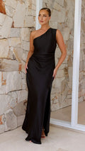 Robe Longue Noire Élégante à une épaule 