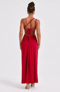 Robe Longue Rouge Épaule Asymétrique – Détail Froncé et Fente Élancée MAX FOR ME