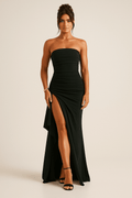 Robe Longue Sans Bretelles – Drapée Taille Haute et Fente Latérale 