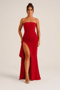 Robe Longue Sans Bretelles – Drapée Taille Haute et Fente Latérale Rouge / S MAX FOR ME