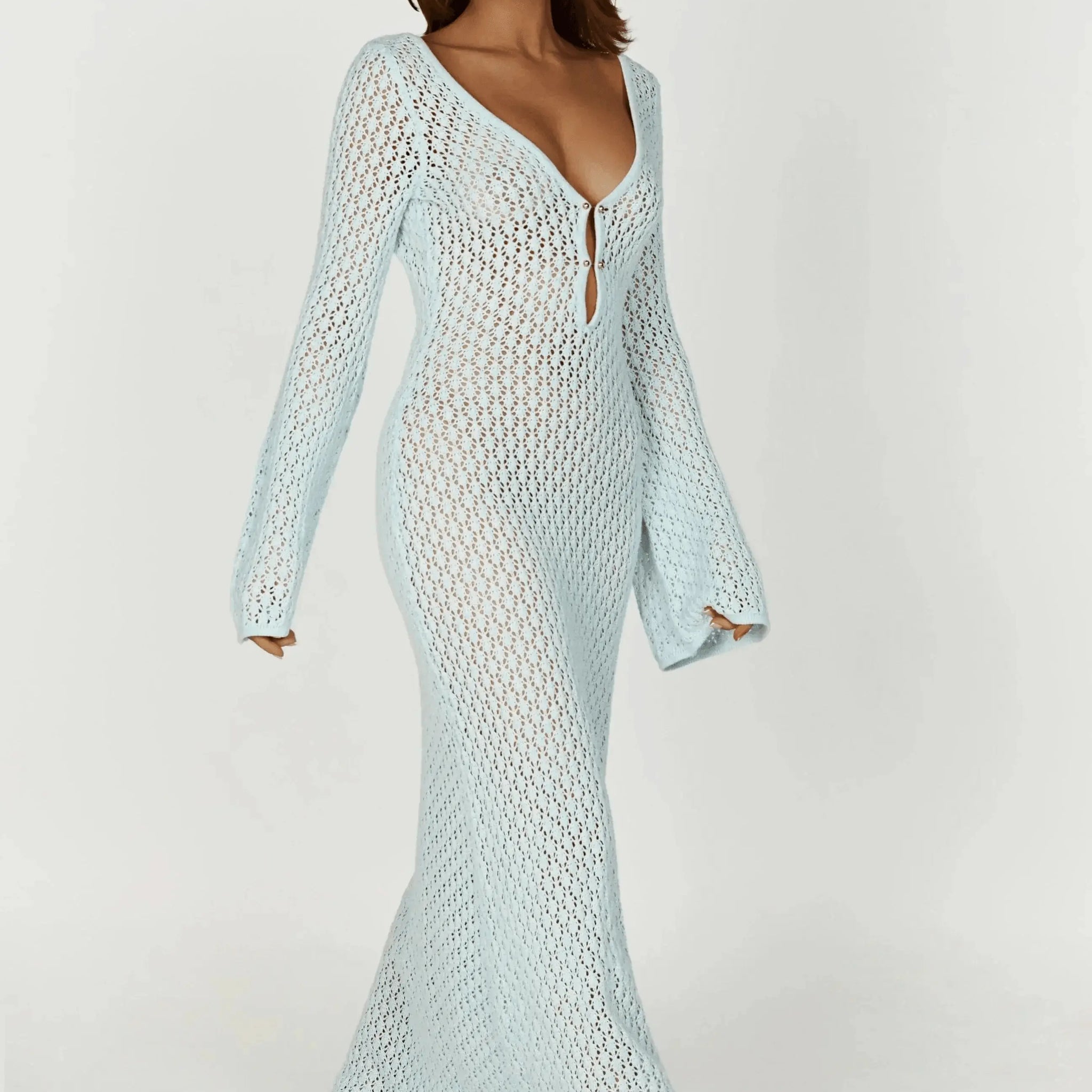 Robe Longue transprente en Crochet avec Manches Évasées 