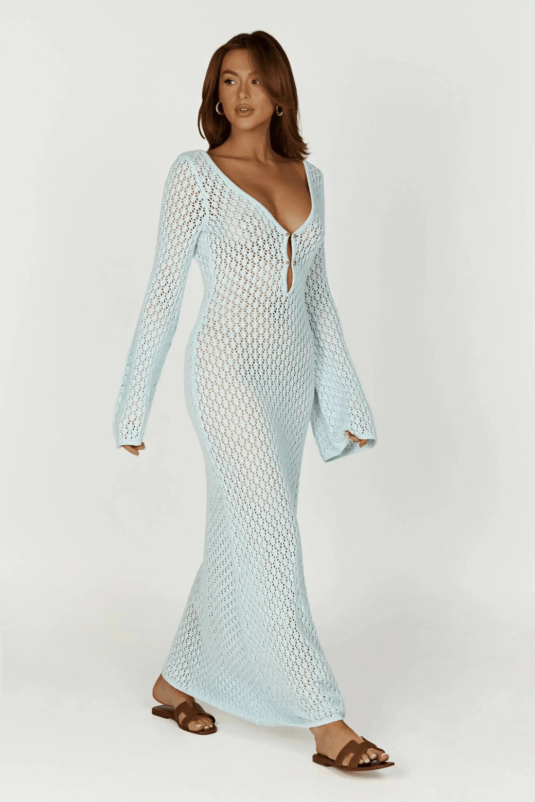 Robe Longue transprente en Crochet avec Manches Évasées 