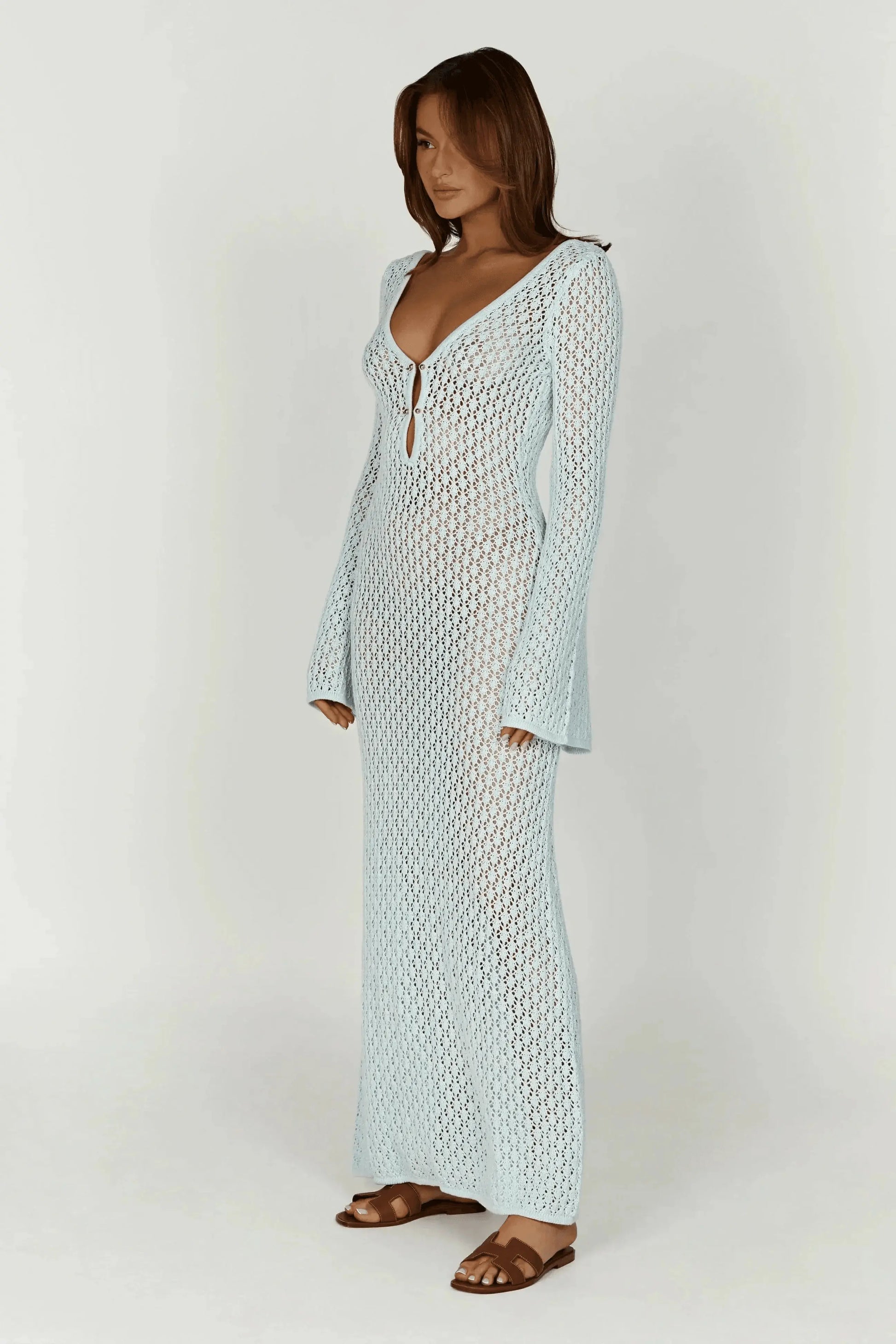 Robe Longue transprente en Crochet avec Manches Évasées 