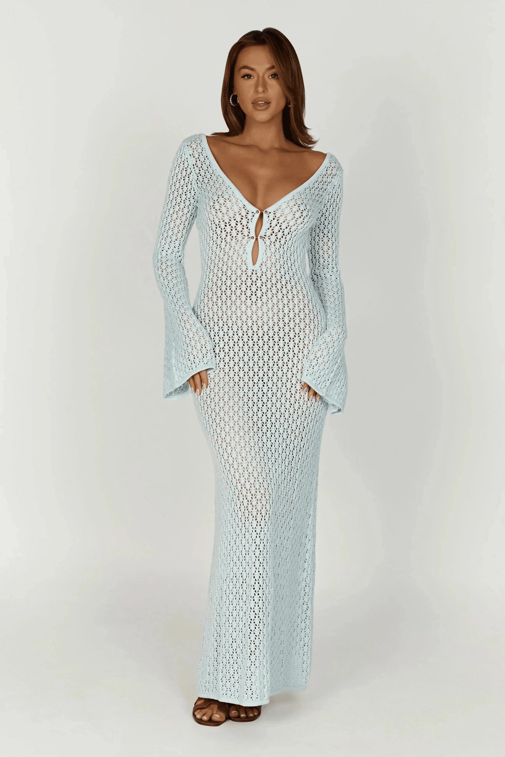 Robe Longue transprente en Crochet avec Manches Évasées 