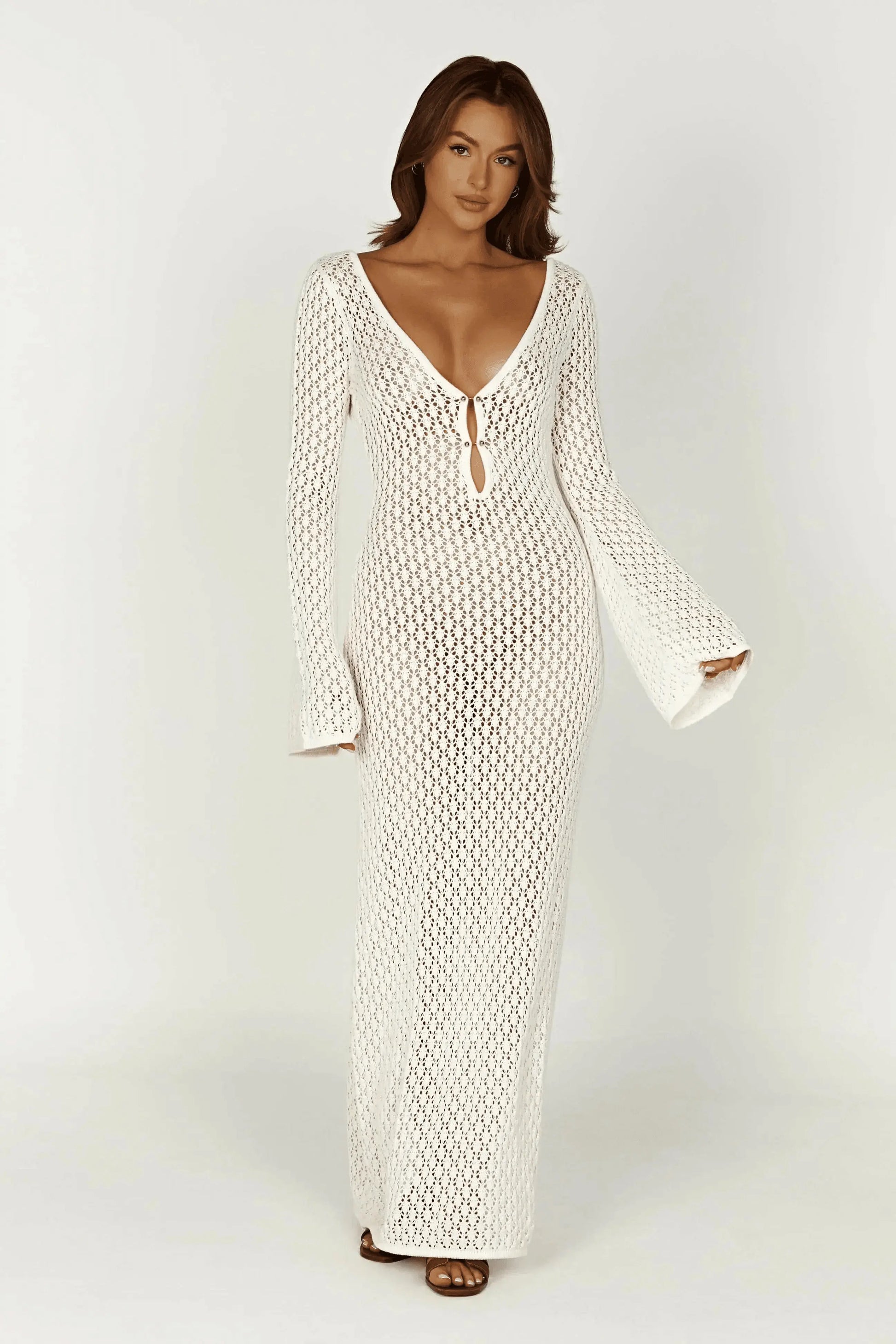 Robe Longue transprente en Crochet avec Manches Évasées 