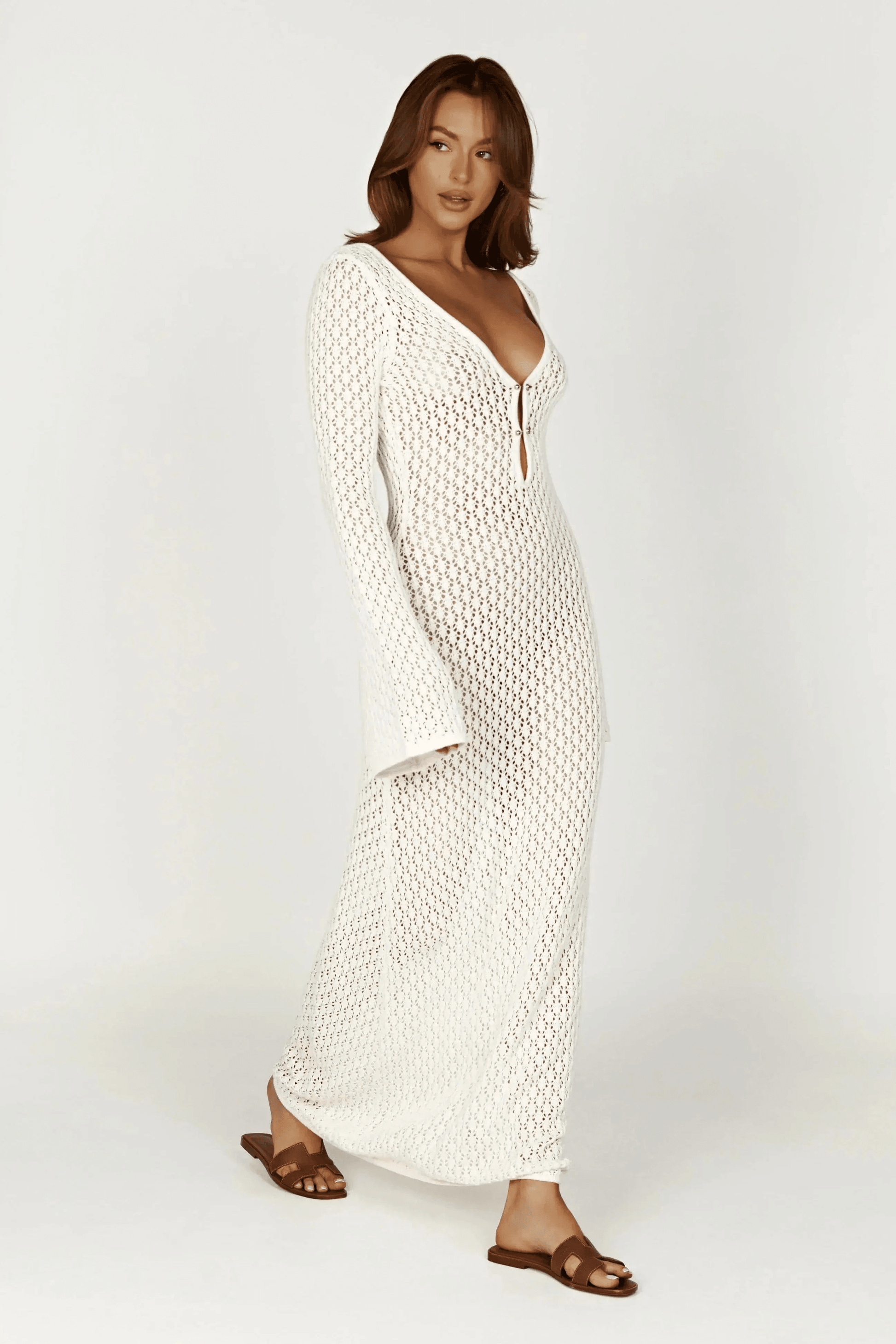 Robe Longue transprente en Crochet avec Manches Évasées 