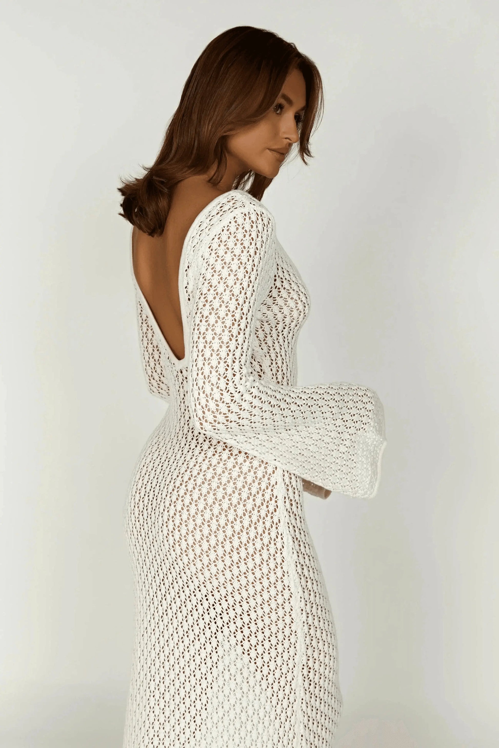 Robe Longue transprente en Crochet avec Manches Évasées 
