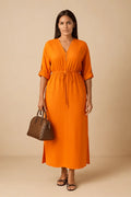 Robe Maxi Ceinturée à Manches Chauve-souris – Élégance Structurée et Confort Orange / S MAX for ME
