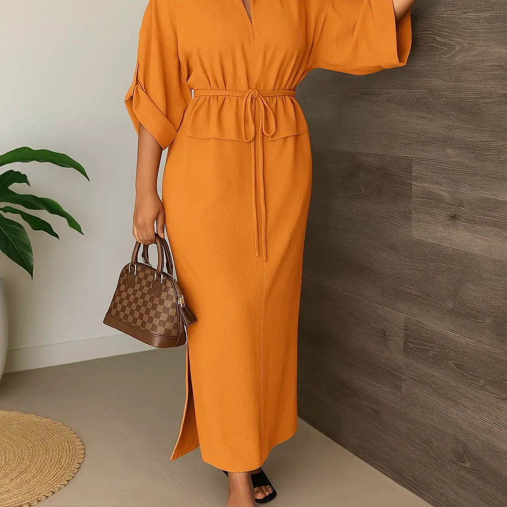 Robe Maxi Ceinturée à Manches Chauve-souris – Élégance Structurée et Confort Noir / S MAX for ME
