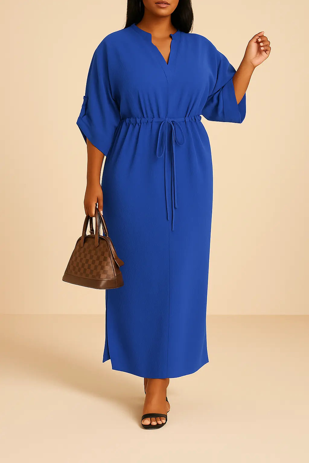 Robe Maxi Ceinturée à Manches Chauve-souris – Élégance Structurée et Confort 