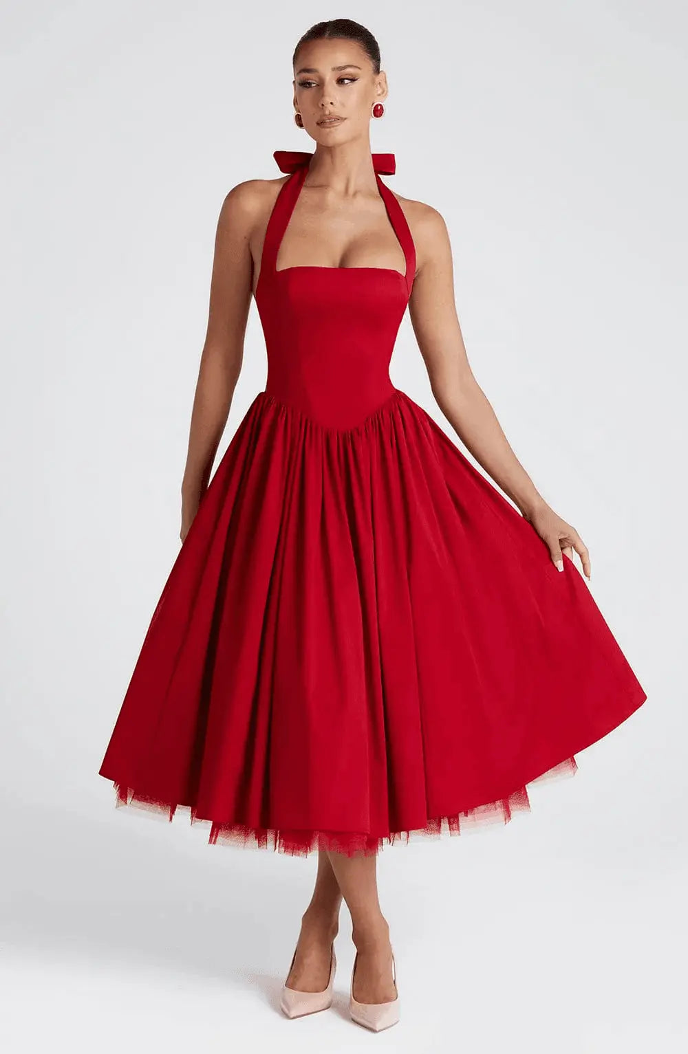 Robe Midi Évasée Pin-Up Sans Manches à Col Halter 