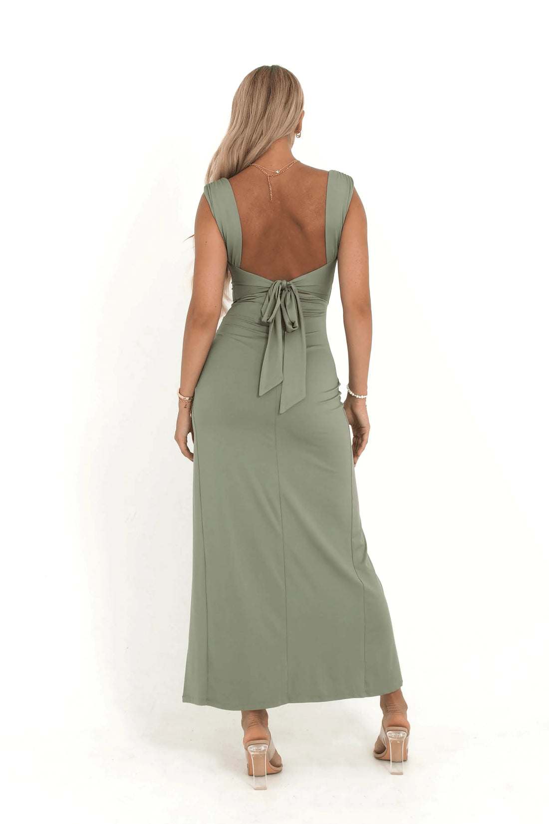 Robe Midi Sculptante Femme – Échancrure Élégante & Dos Noué Vert clair / S MAX FOR ME