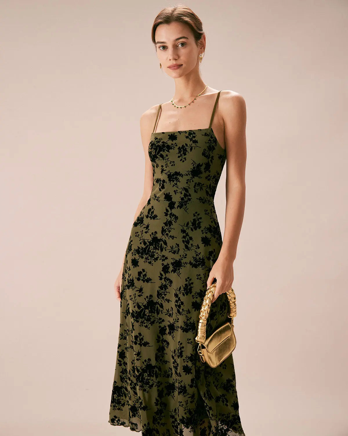 Robe Midi Verte à Imprimé Velours 