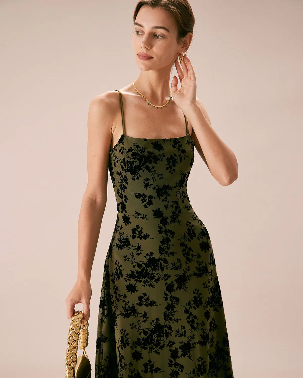 Robe Midi Verte à Imprimé Velours 