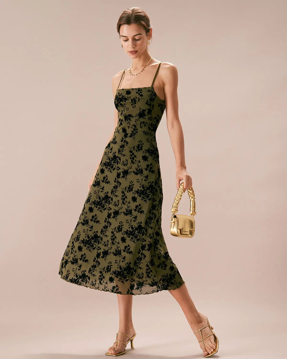 Robe Midi Verte à Imprimé Velours 