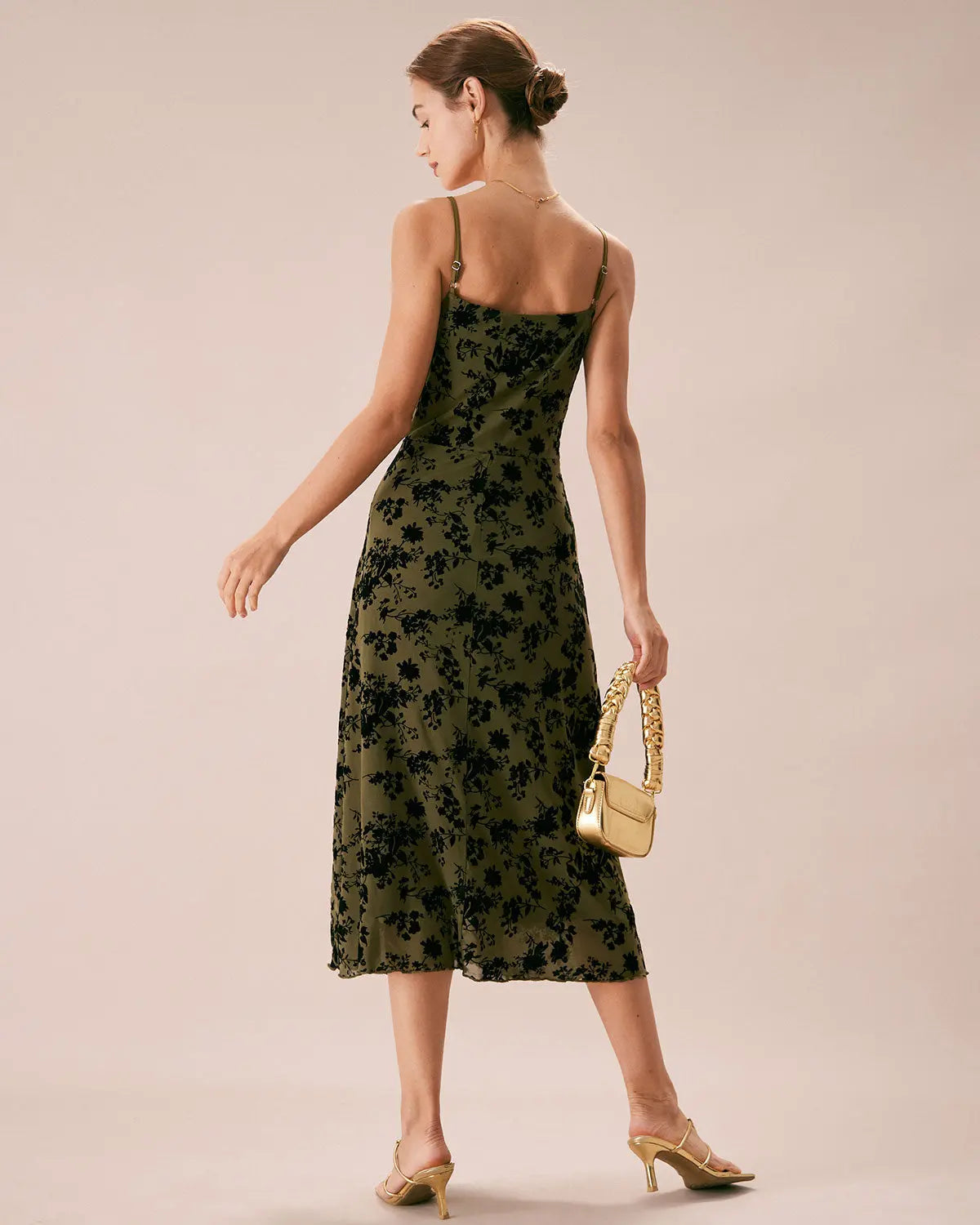 Robe Midi Verte à Imprimé Velours 